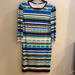 Blue, purple, grey, and white striped dress